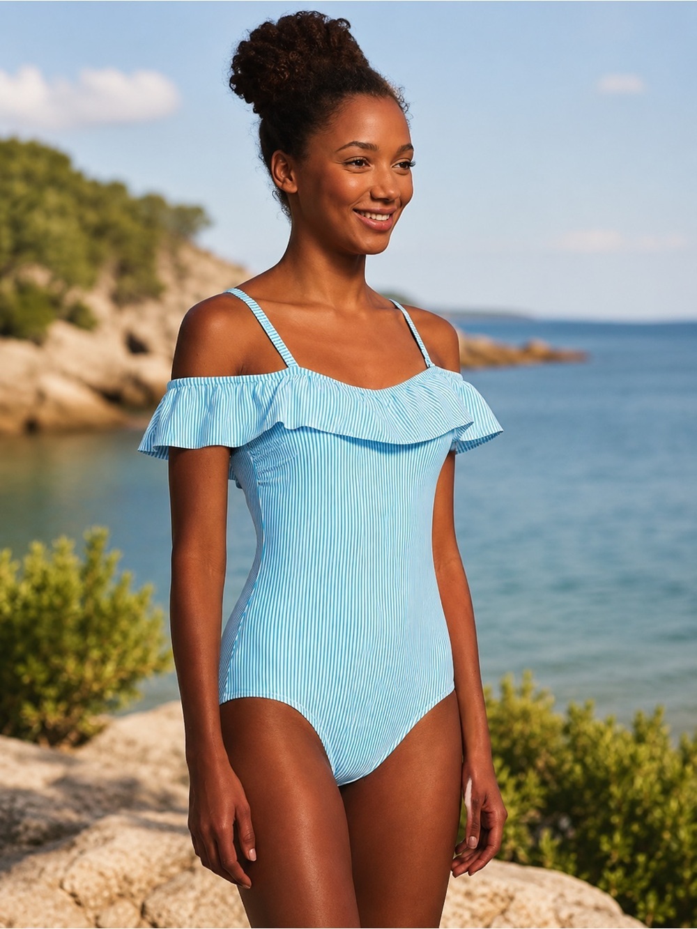 Lands’ End Size 12 Tummy Control Seersucker Ruffle Off Shoulder Swimsuit UPF 50